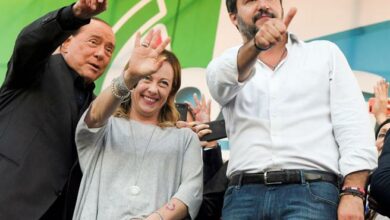 Italy's ruling coalition leaders. From left to right: Silvio Berlusconi, Giorgia Meloni, and Matteo Salvini via Corriere Della Sera/ via AFP