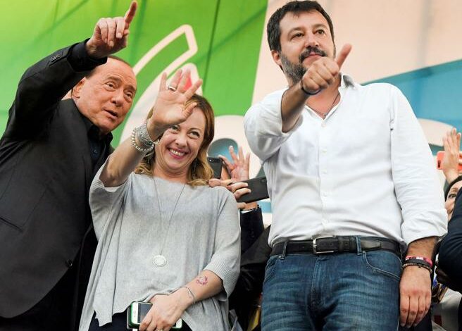 Italy's ruling coalition leaders. From left to right: Silvio Berlusconi, Giorgia Meloni, and Matteo Salvini via Corriere Della Sera/ via AFP