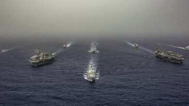 The aircraft carriers Abraham Lincoln, left, and John C. Stennis carrier strike groups, led by the Spanish Aegis Frigate Mendez Nunos. Image Via Navytimes.com.